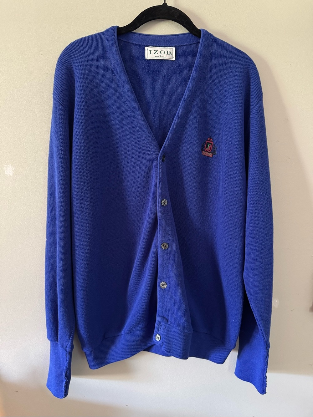 IZOD Vintage 90s Blue Knit V-Neck Button Front Cardigan Sweater Embroidered - L